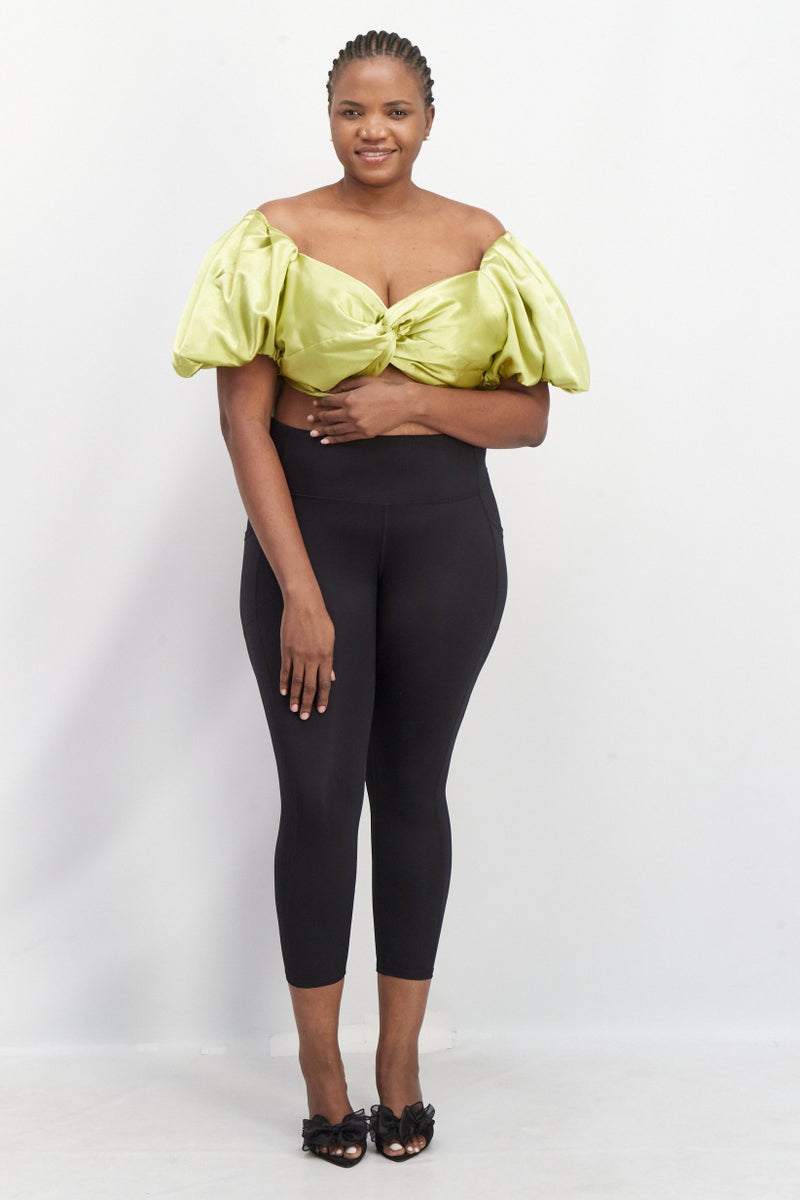 Yaura Women Plus Size Off-Shoulder Neck Puff Sleeve Textured Crop Top, Lime Green - Image 3